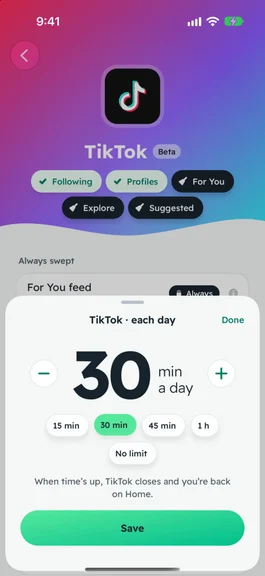 TikTok’s daily limit in SocialBroom, set to 30 minutes