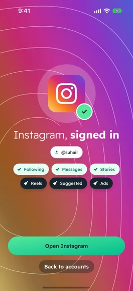 Instagram, signed in as @suhail inside SocialBroom
