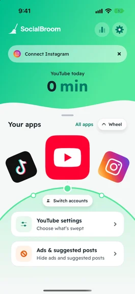 SocialBroom’s Home on a first visit, with nothing counted yet