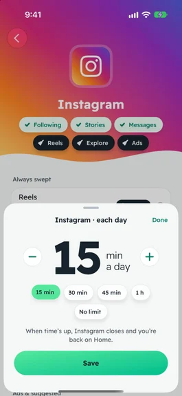 Instagram’s daily limit in SocialBroom, set to 15 minutes