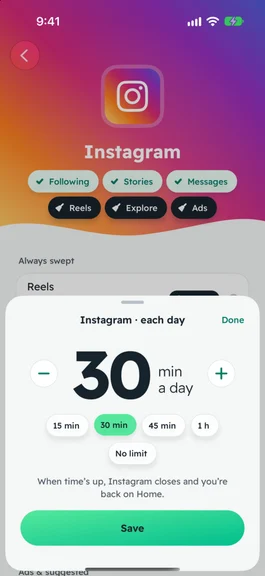 Instagram’s daily limit in SocialBroom, set to 30 minutes