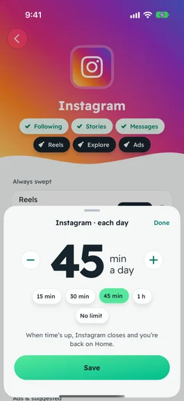 Instagram’s daily limit in SocialBroom, set to 45 minutes
